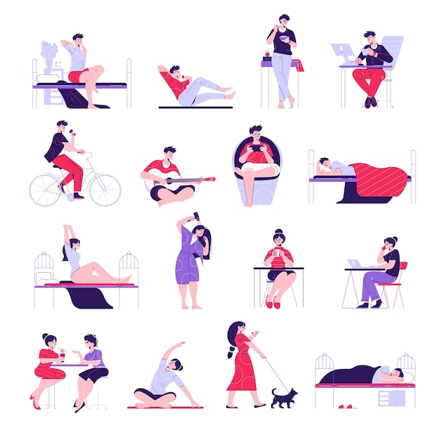 Free Vector man woman daily routine set with male and female characters during everyday activities on blank background vector illustration