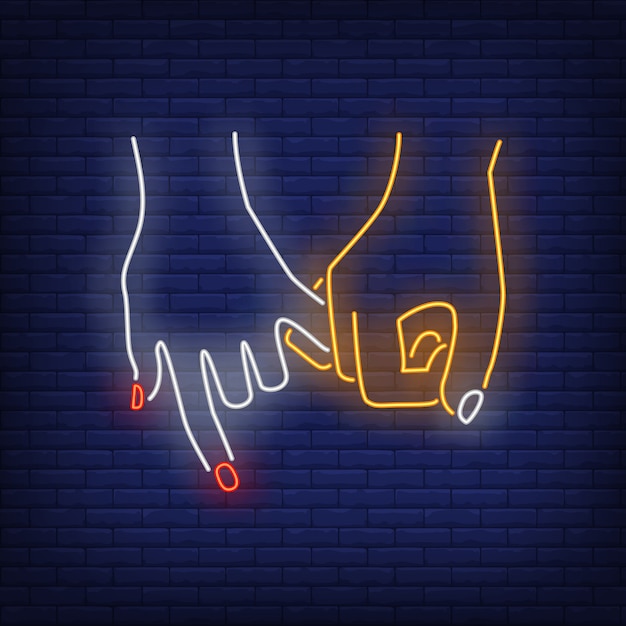 Man and woman hands holding little fingers neon sign