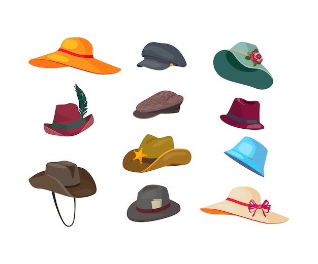 Man and woman hats flat icon set