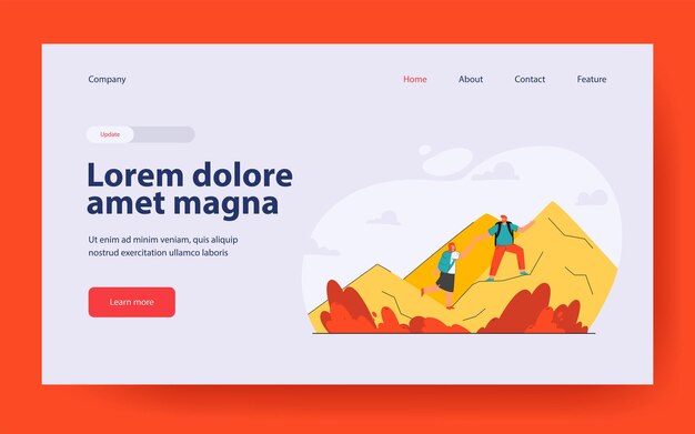 Man and woman hiking landing page in flat style