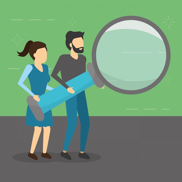 Man and woman holding magnifying glass, flat style