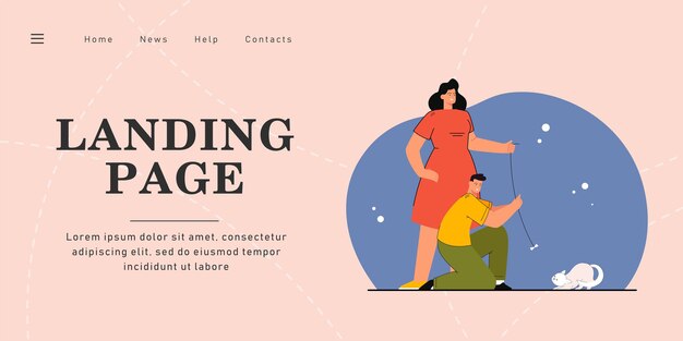 Man and woman playing with cat. Happy couple spending time together, teasing kitten with bow on string. Indoor activity. Keeping domestic animals concept for banner, website design, landing web page