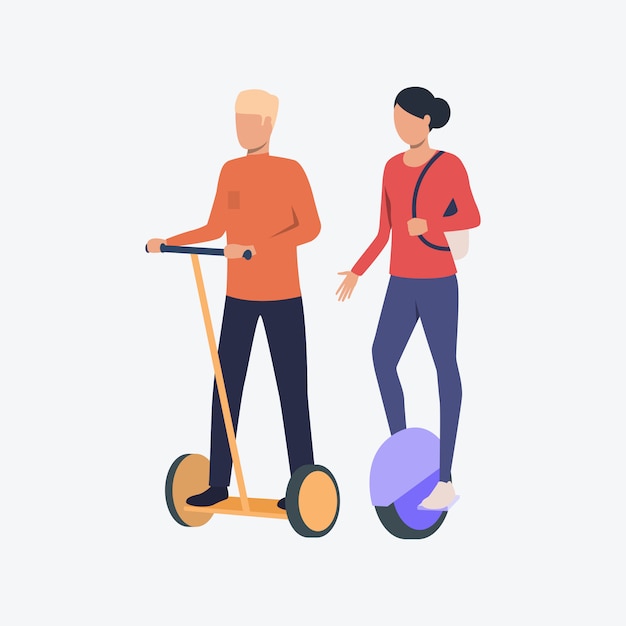 Free Vector man and woman riding segway and monowheel