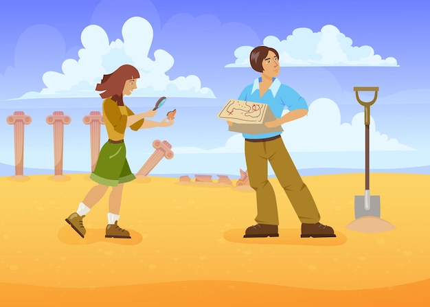 Free Vector man and woman in search of treasures. cartoon vector illustration