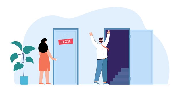 Man and woman standing in front of open and closed door. Unequal social rights and work problems of female character flat vector illustration. Gender inequality and discrimination, career concept