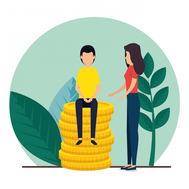 Man and woman teamwork with plant and coins