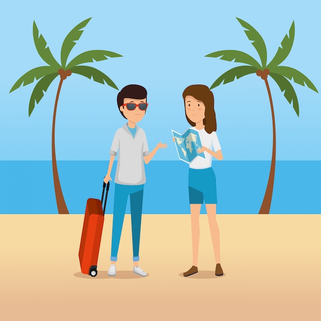 Free Vector man and woman tourist with global map in the beach