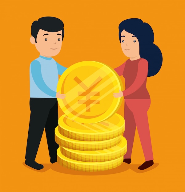 Man and woman with bitcoin and yen coins to exchange