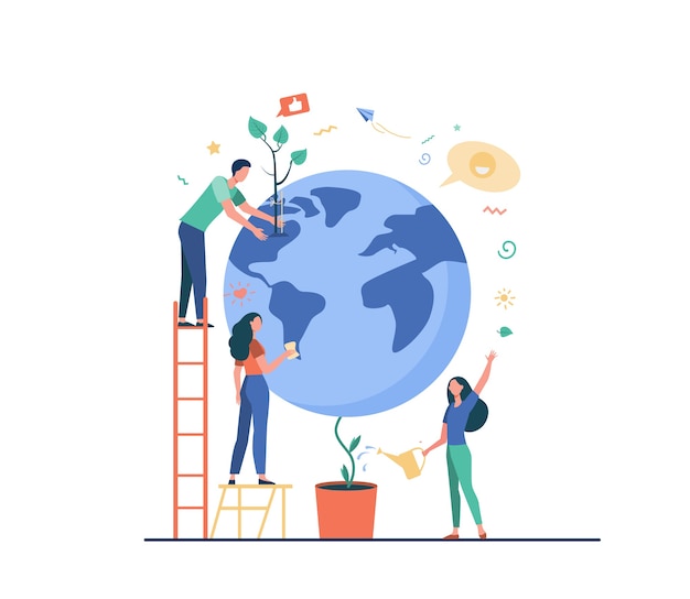 Man and women protecting plant on globe isolated flat vector illustration. Cartoon people saving earth nature. World conservation, eco science and environment