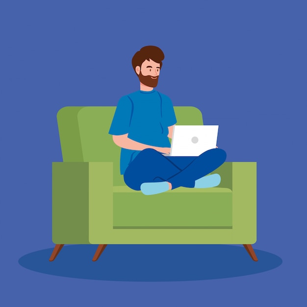 Free Vector man working in telecommuting with laptop in couch