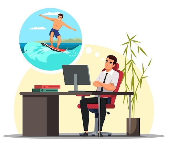 Man at workplace thinking about high wave surfing imagines future rest in active water sports Office male worker dreaming of vacation at sea