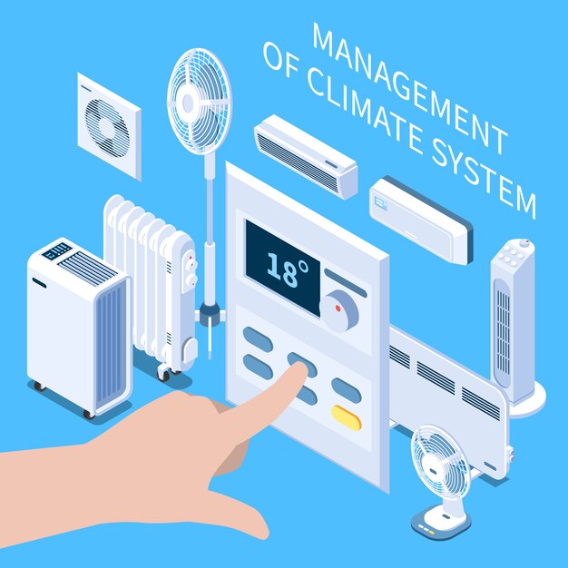 Management of climate system isometric composition with human hand setting temperature mode on control panel for air conditioner 