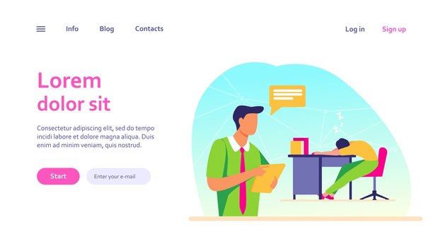 Manager with tablet reporting about sleepy colleague. Tired employee sleeping at workplace. Lazy worker, office informer concept for website design or landing web page
