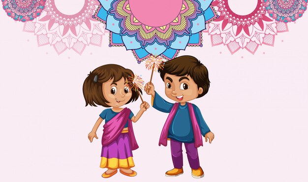 Mandala pattern design background with Indian girl and boy