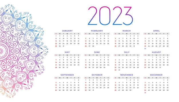 Mandala style 2023 new year calendar background design