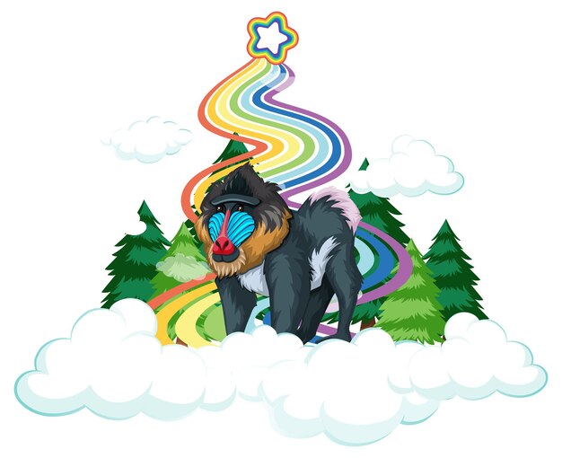 Mandrill on the cloud with rainbow on white background