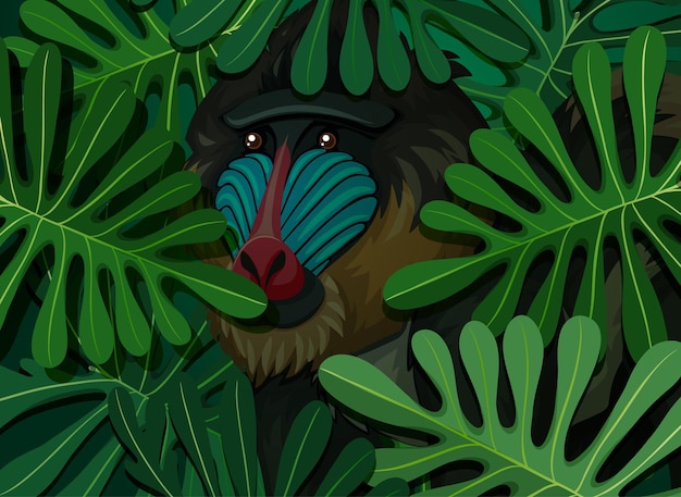 Free Vector mandrill hidden in the tropical leaves background