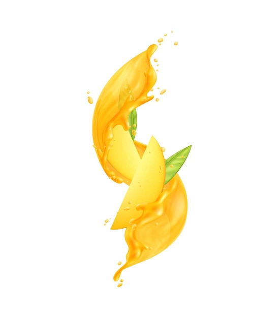 Mango juice slices and leaves on white background realistic vector illustration