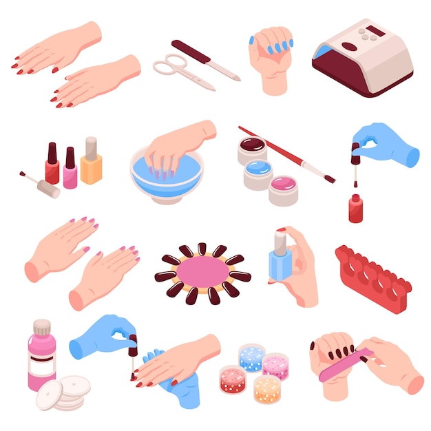 Free vector manicure isometric set of female hands and various manicure accessories including scissors nail file tweezers nail polish isolated vector illustration