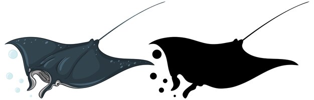 Manta ray characters and its silhouette on white 