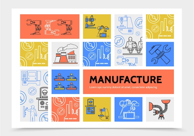 Free Vector manufacturing infographic concept with robotic arms engineers factory industrial machineries wrench