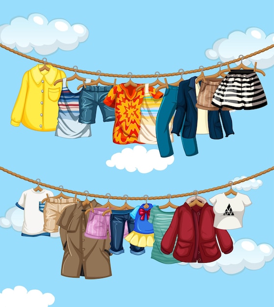 Free Vector many clothes hanging on a line on blue sky background