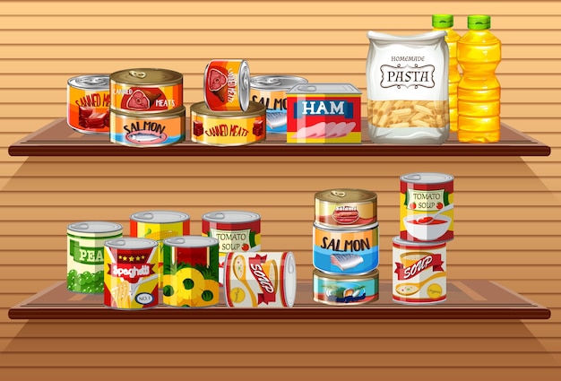 Free Vector many different canned foods or processed food on wall shelves