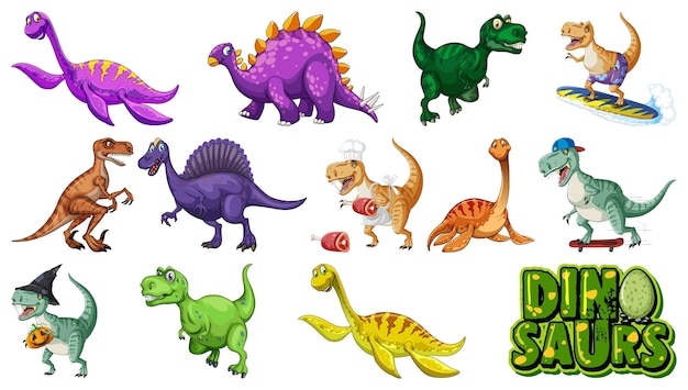 Many dinosaurs on white background