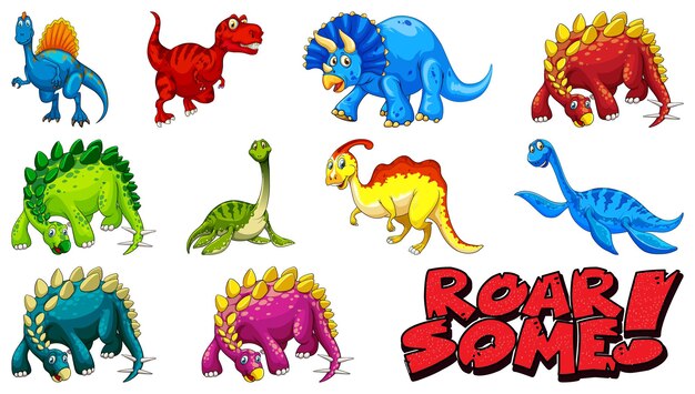 Many dinosaurs on white background