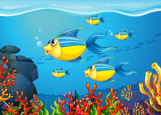 Many exotic fishes cartoon character in the underwater background