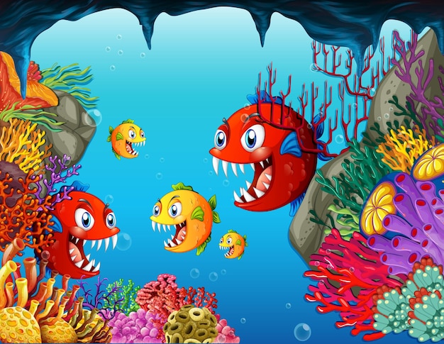 Many exotic fishes cartoon character in the underwater background