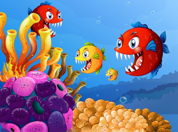 Many exotic fishes cartoon character in the underwater background