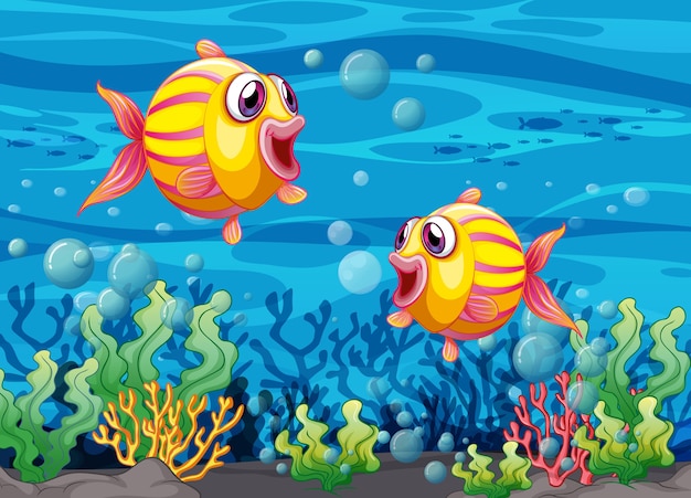 Many exotic fishes cartoon character in the underwater illustration