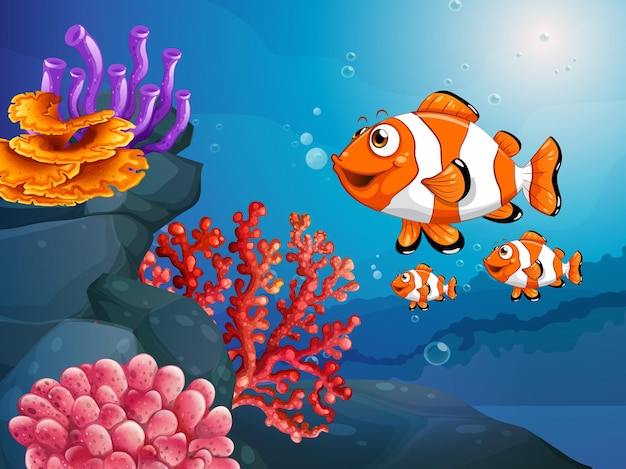 Free Vector many exotic fishes cartoon character in the underwater scene with corals