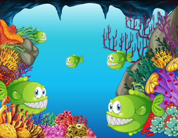 Many exotic fishes cartoon character in the underwater scene with corals