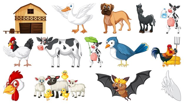 Many farm animals on white background