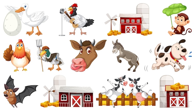 Free Vector many farm animals on white background