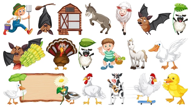 Free Vector many farm animals on white background