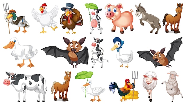 Many farm animals on white background