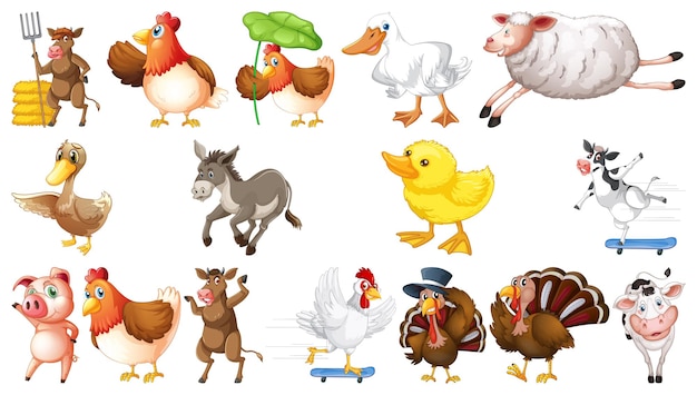 Many farm animals on white background