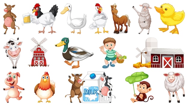 Many farm animals on white background