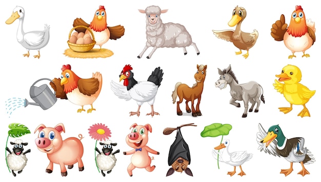 Free vector many farm animals with happy face