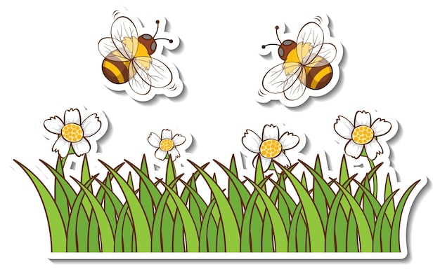 Free vector many honey bees flying above grass field sticker