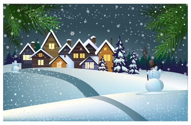 Many houses with snow on roof in town illustration