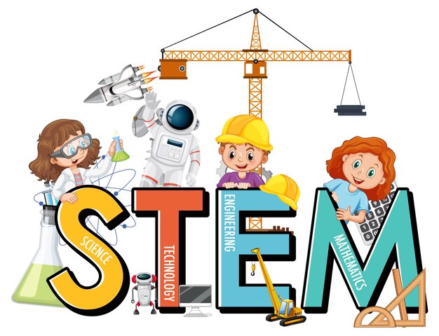 Many kids cartoon character with STEM education font