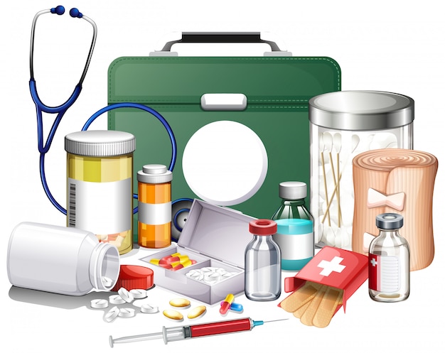 Many medical equipments and medicine on white background