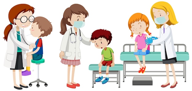 Many patient kids and doctors cartoon character on white background