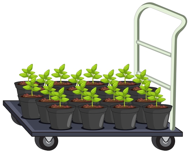 Free Vector many plant pots on garden cart isolated