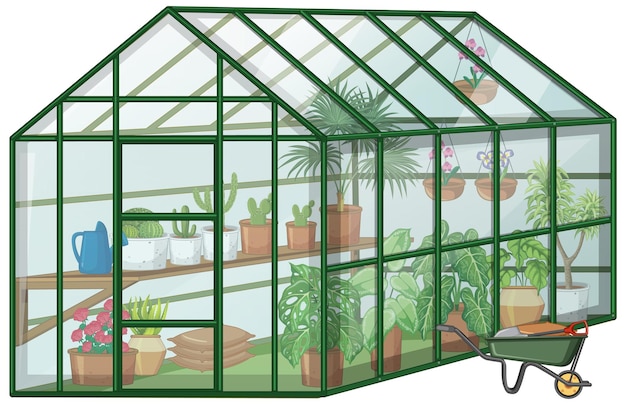 Many Plants in Greenhouse with glass wall and wheelbarrow on white background