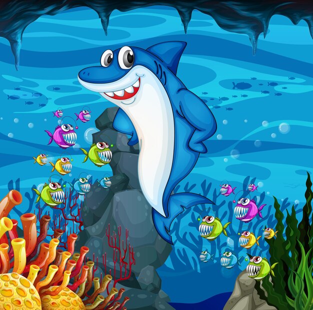 Many sharks cartoon character in the underwater background